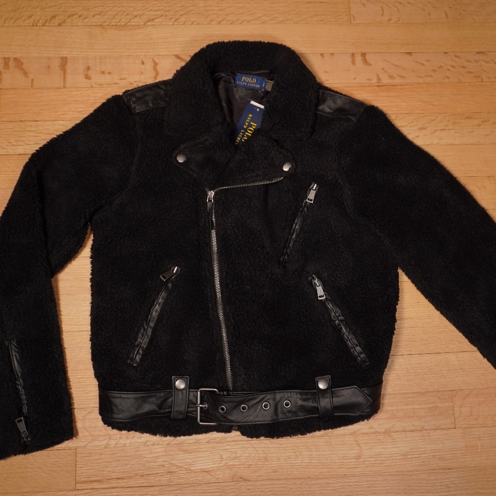 Polo Ralph Lauren Sherpa Leather Moto Jacket Black Small Polyester Brand New